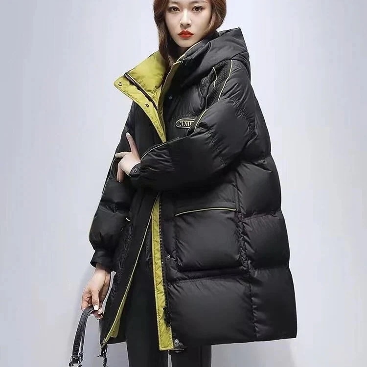 レディースミドル丈ダウンコットンコート25韓国版ゆったり厚みのあるフード付きジャケットEC1809