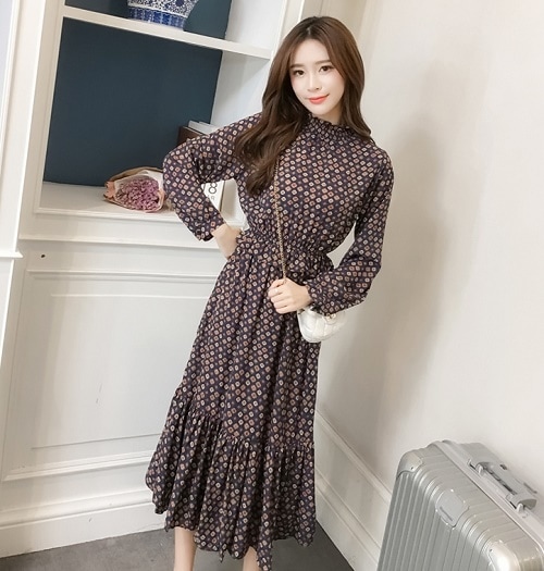 1180．ドット柄ハイネックフリルワンピース（ダークブルー）