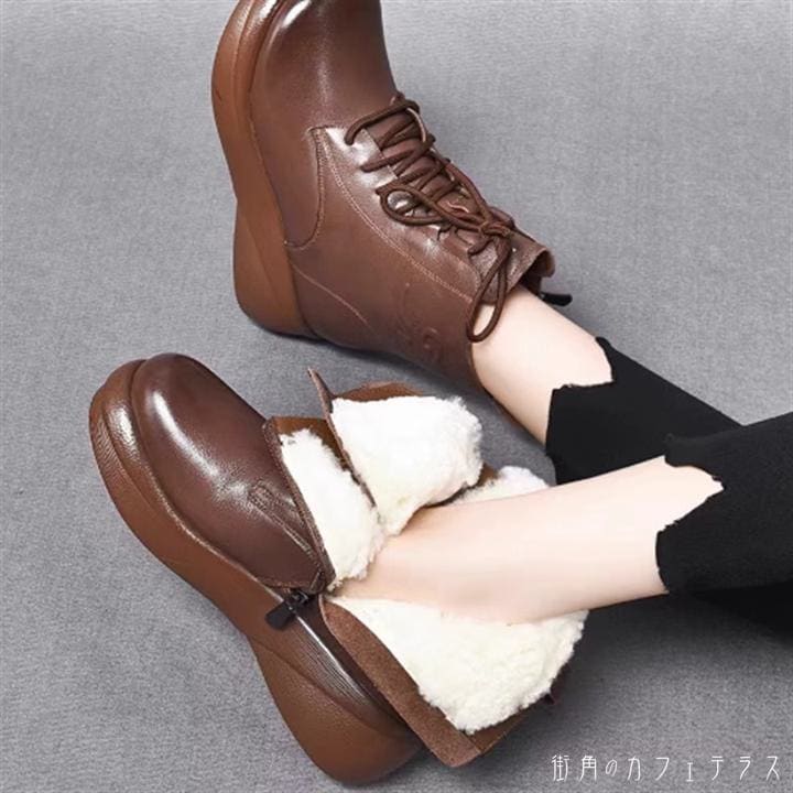 シューズ 靴 2色 ブーツ ショート 厚底 丸トゥ PU フェイクレザー レザー 革 合皮 裏起毛 ボア 厚手 レトロ クラシカル 可愛い 大人可愛い きれいめ シンプル カジュアル シック コンサバ