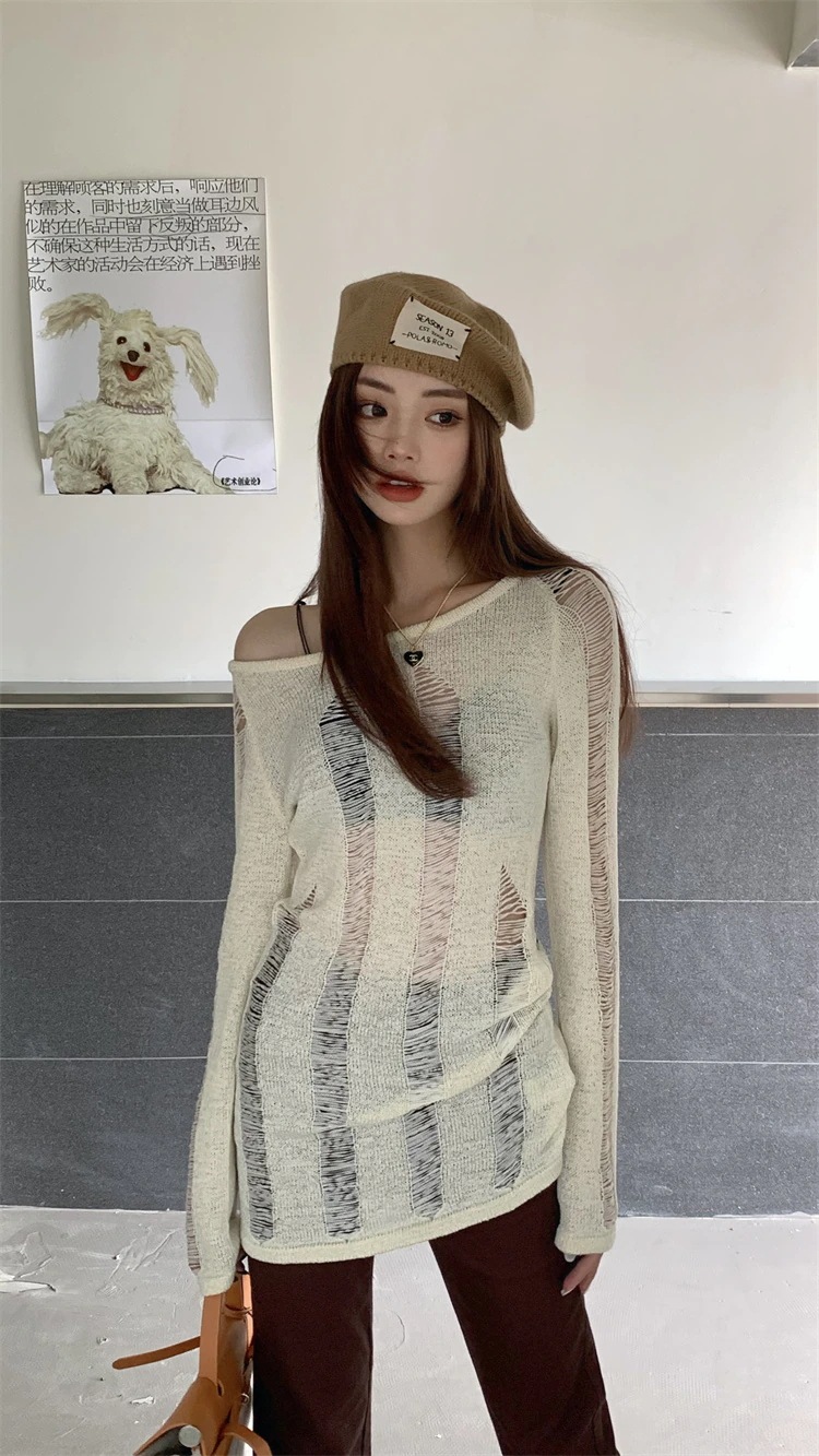 グリーンホローアウトニットセーターカバーアップストラップレス秋フレンチデザインセーター長袖スパイスガールワンショルダートップス女性