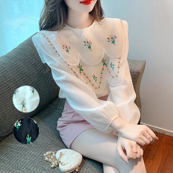 ２カラー フレンチドールカラー/シフォンシャツ レディース トップス シャツ ブラウス ショール ラウンドネック 襟なし 丸襟 ノーカラー スリム 刺繍 ビーズ かわいい 大人可愛い おしゃれ レトロ