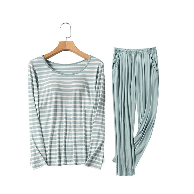 パジャマ レディース2024ファッションモデールのパジャマ縞模様の胸当て付き長袖長ズボン2着ルームウェアカジュアル