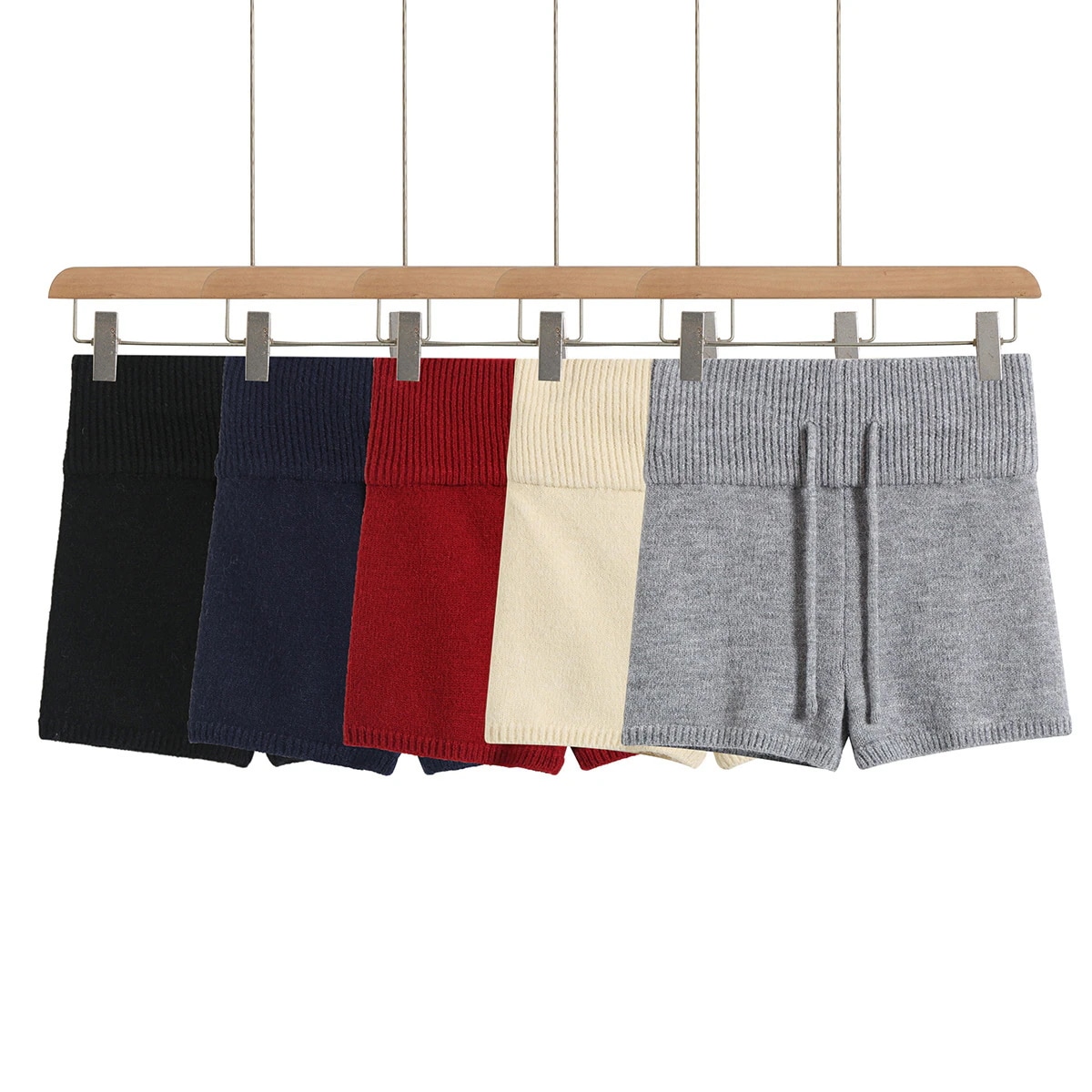 秋冬トレンドのレディース新作スリムフィットボディコンニットショーツドローストリングストレッチニットホットパンツウールショーツ