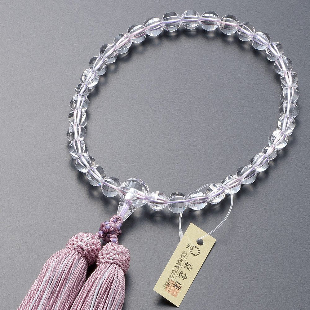 [仏壇屋 滝田商店] 京念珠 数珠 女性用 本水晶 ステップカット 正絹頭付房 数珠袋付き すべての宗派で使える女性用数珠 証明書付