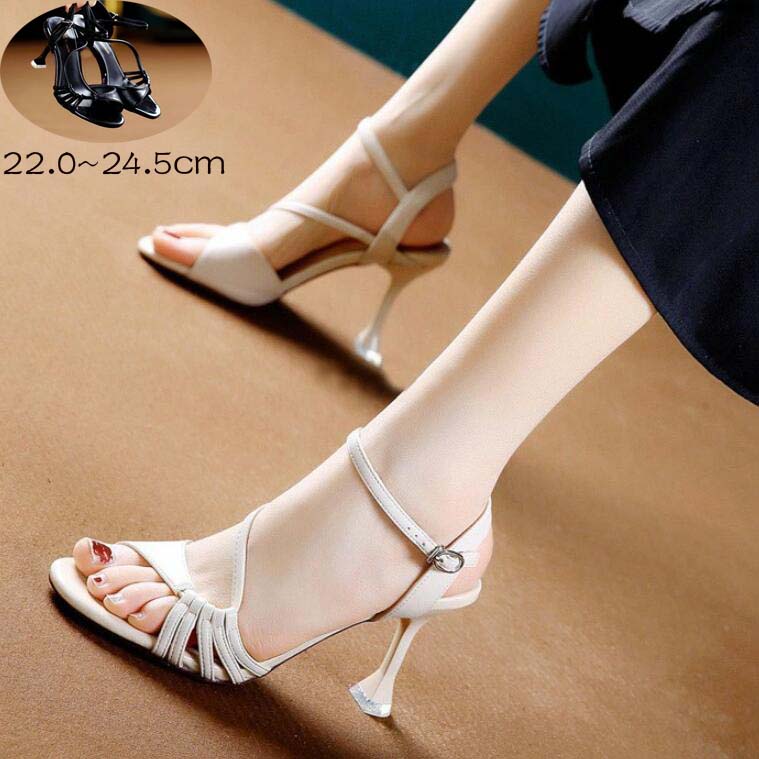 即日発送華奢ストラップサンダル ピンヒール ヒール サンダル レディース かかと あり ヒールサンダル アンクルストラップ 夏 ベルト 靴 女性 大人 美脚 シューズ ブラック オフホワイト 22.0