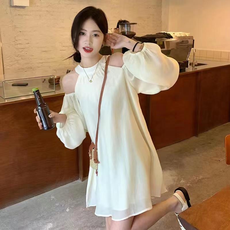 ハングネック長袖ドレス5年夏韓国スタイルフレンチスリミング甘いオフショルダールーズフェアリースカート