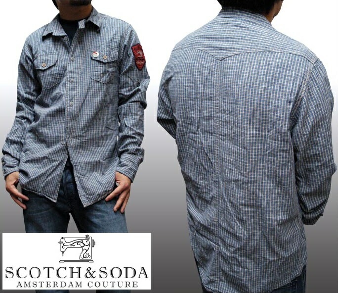 スコッチ&ソーダ スコッチアンドソーダ scotch&soda メンズ 長袖 シャツ チェック ブルー カーキ ヴィンテージ ダブルスナップボタン ロールアップ トップス カジュアル サーフ セレブ