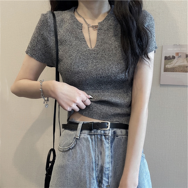 アイスシルクニットセーター トップス セーター ショート ショート丈 袖あり 半袖 Vネック スリム