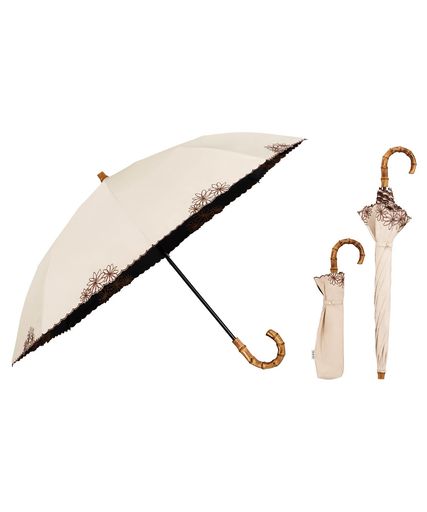 WPC. 最強の日傘 UVO(ウーボ)折りたたみ傘/2段 刺繍フラワー ベージュ遮光率&UVカット率100%/UPF50+/遮熱/晴雨兼用50CM レディース 長傘としても使える 2WAY バンブー 7,014円