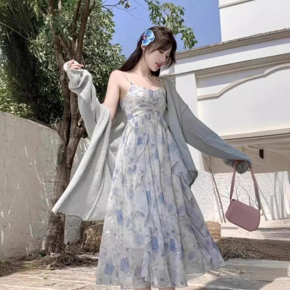 メガ割 24!!! 人気 韓国ファッション ロングワンピース ドレス フレアプリント キャミソール 通勤 通学