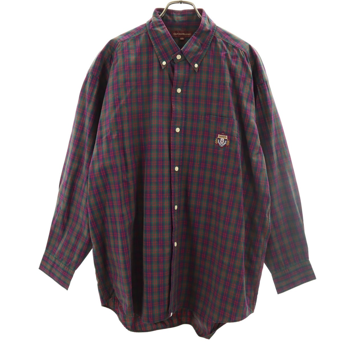 CHAPS RALPH LAUREN チャップスラルフローレン 70s ヴィンテージ チェック柄 長袖 ボタンダウンシャツ LL パープル×グリーン メンズ 古着
