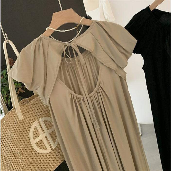 ギャザー ワンピース ロング ワンピ フレンチスリーブ レディース ロングワンピース ボリューム袖 タック リボン ドッキング ウエストマーク マキシワンピ