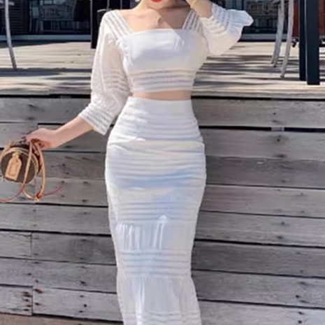 二点セット 上下セット ツーピース レディース スカート トップス プルオーバー タイトスカート マーメイドスカート ロングスカート 5分袖 7分袖 パフスリーブ スクエアネック タイト スリム 細身