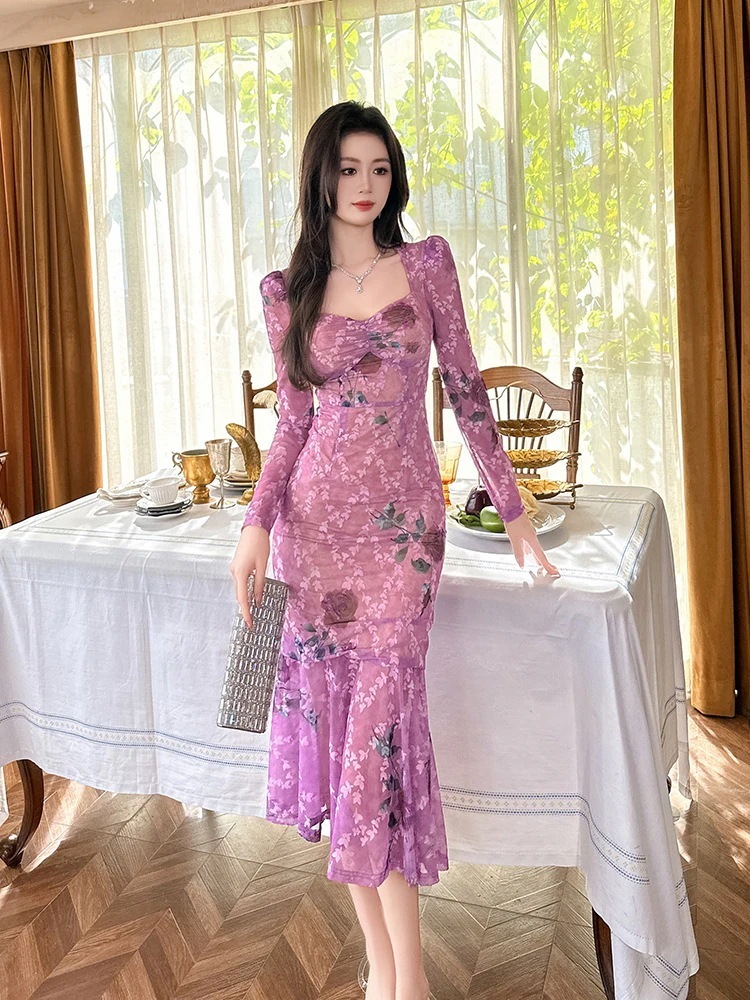 花柄ワンピース 秋 同窓会 パーティードレス 演奏会 マーメイド 大人 キャバ 着痩せ 卒業式 二次会 結婚式 ウェディング スクエア襟 披露宴