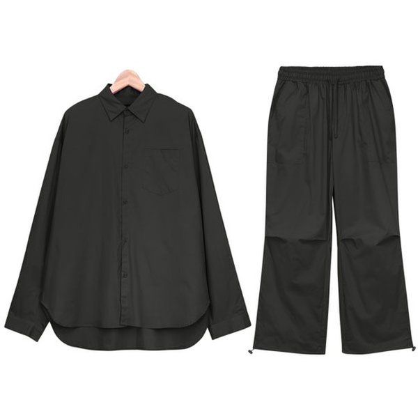 シャツセット ストリング ワイドパンツ ソリッドシャツ シティボーイ風セットアップ SVA024