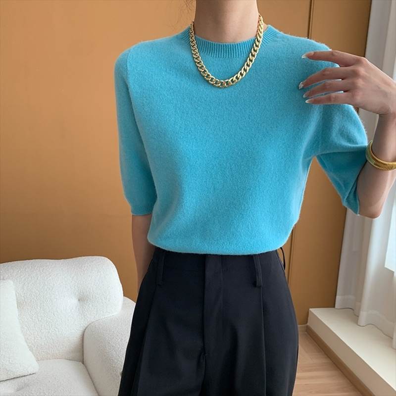 サマーニット トップス セーター レディース 5分袖 ハイネック プルオーバー ショート丈 かわいい 大人可愛い きれいめ シンプル 上品 おしゃれ 大きいサイズ 個性的 主役級 存在感 春 夏 秋