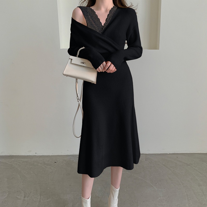 秋冬の新型膝を越えたセーターvネックレースのつなぎ合わせ