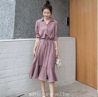 【2025新作入荷】ワンピース ミモレ丈 袖あり 5分袖 パフスリーブ 萌袖 Vネック 襟付き フレア 個性的 切り替えデザイン フリル リボン ウエストマーク か