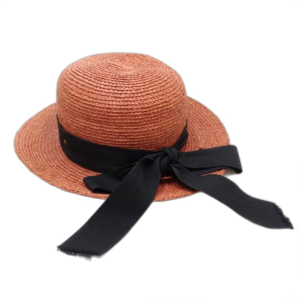 ストローハット ブラックリボン ラフィア ローズ レディース/181623【中古】