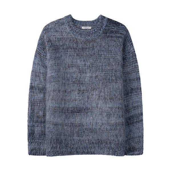 メンズ オーバーサイズ ボカシ ラウンド ウール 長袖 ニットTシャツ AS-KN-Q020-グレー