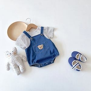 子供クマのデニムショーツ 韓国夏の新しい子供服 赤ちゃんオーバーオール ベビー服