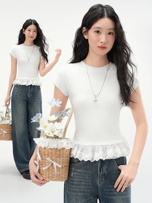 Qoo10] 2025春夏 tシャツ レース裾レースク