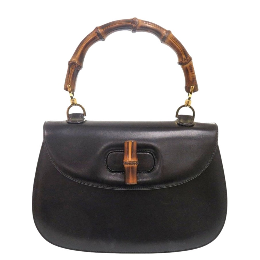 美品 バンブー ターンロック ヴィンテージ ハンドバッグ レザー ブラック 0715【中古】 レディース