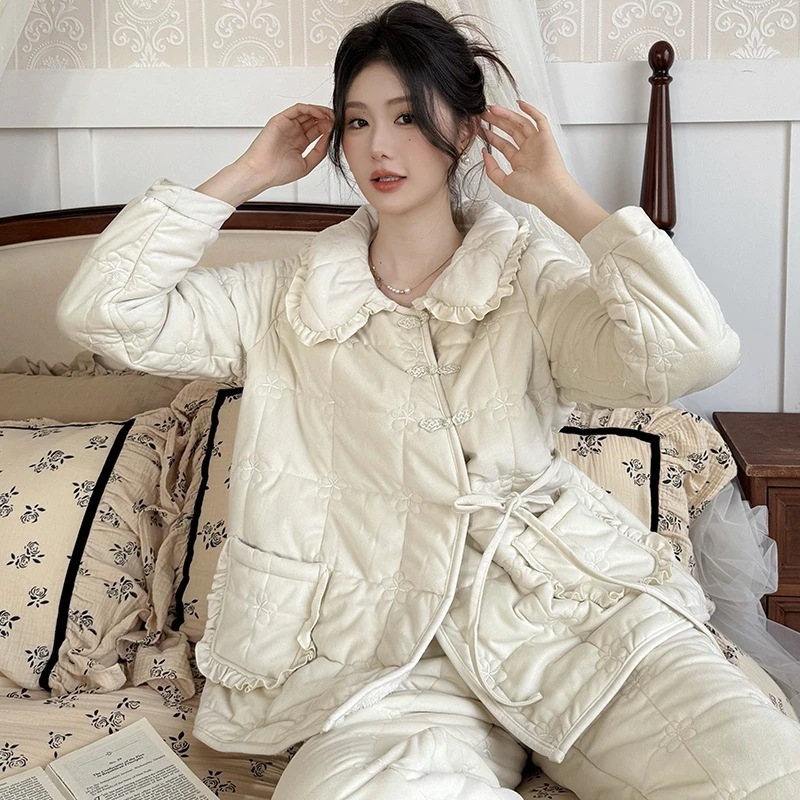 ルームウェア セットアップ 冬 パジャマ女性秋冬加絨毯長袖パジャマ女性甘美なシルクの部屋着保温 可愛い パジャマ レディース 秋冬 韓国 部屋着