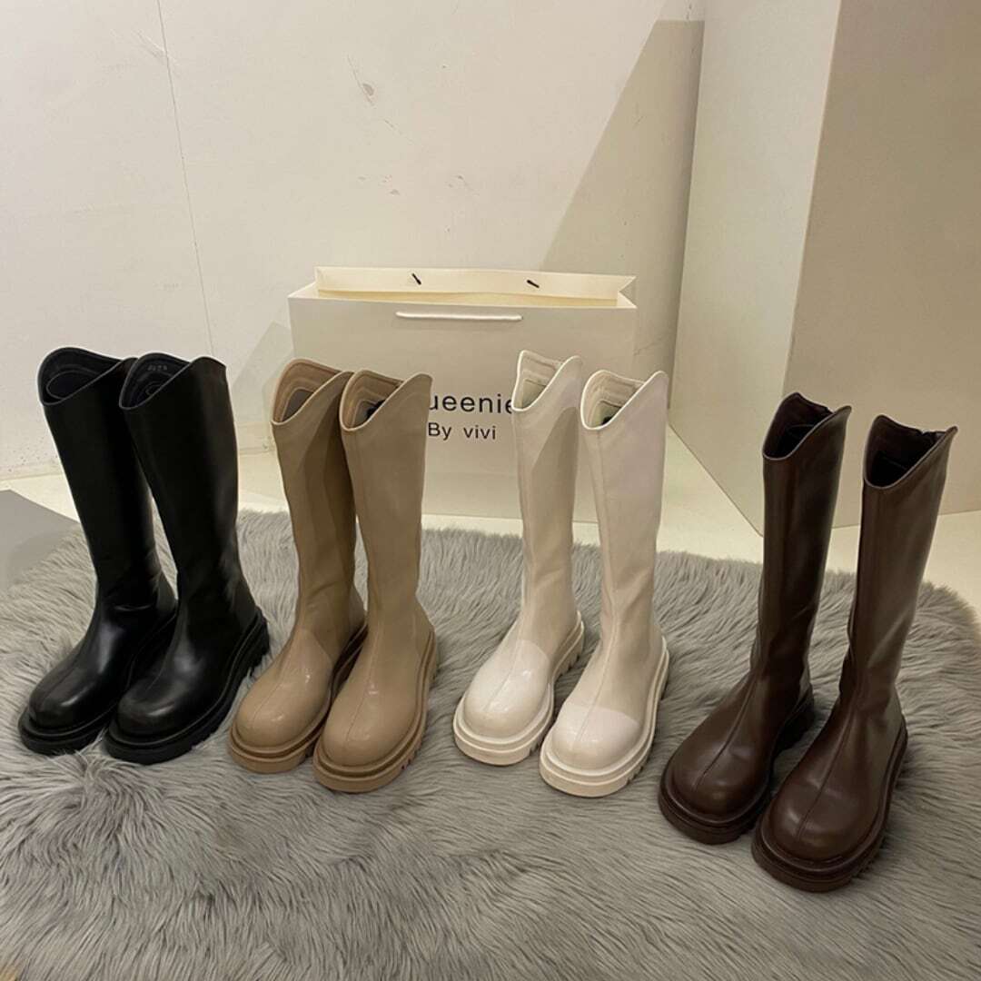 ロングブーツ 厚底 シンプル 美脚 ファスナー ハイブーツ 脚長