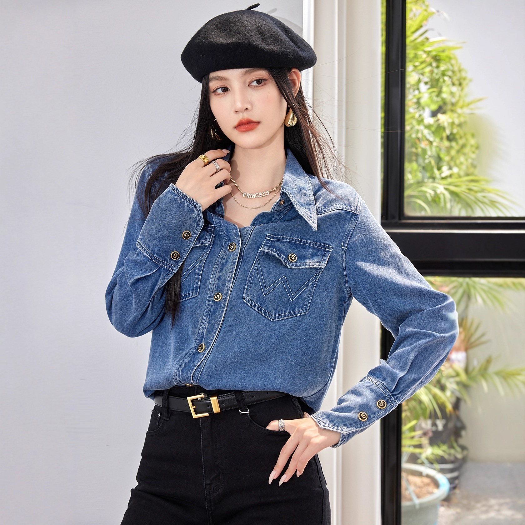 【急速出荷】送.料.無.料.ソフト デニム 長袖 薄手ポロ襟シングルカーデ コート レディー 秋までヘビロテ！