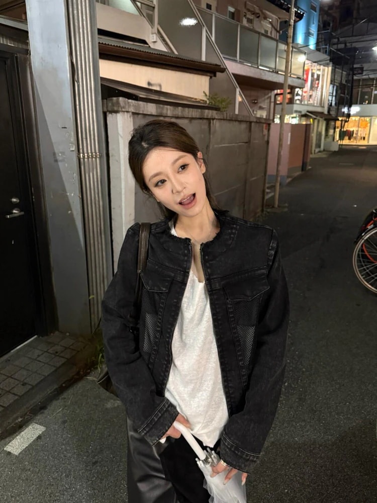 女性用アメリカンレトロダメージブラックデニムジャケット2025新デザイン多用途ショートジャケットトップ