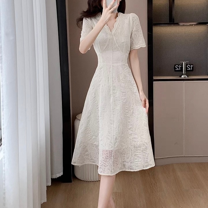 レディース ワンピース フレア 膝丈 半袖 5分袖 Aライン フェミニン リボン ウエストマーク ウエストリボン バックリボン ハイウエスト 透け感 ヴィンテージ かわいい 大人可愛い きれいめ