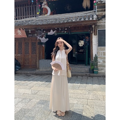 マルバンチャイニーズノースリーブ気質ホルターネックトップス2セット+ハイウエスト国馬フェイススカートハイエンドセット