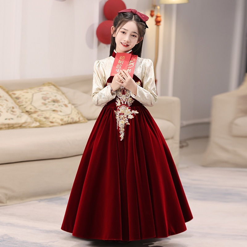 【2枚購入で 3oo円OFF】レッドドレスバースデープリンセスドレス子供のホストフラワーガールウェディングリトルガールピアノ演奏パフォーマンスコスム