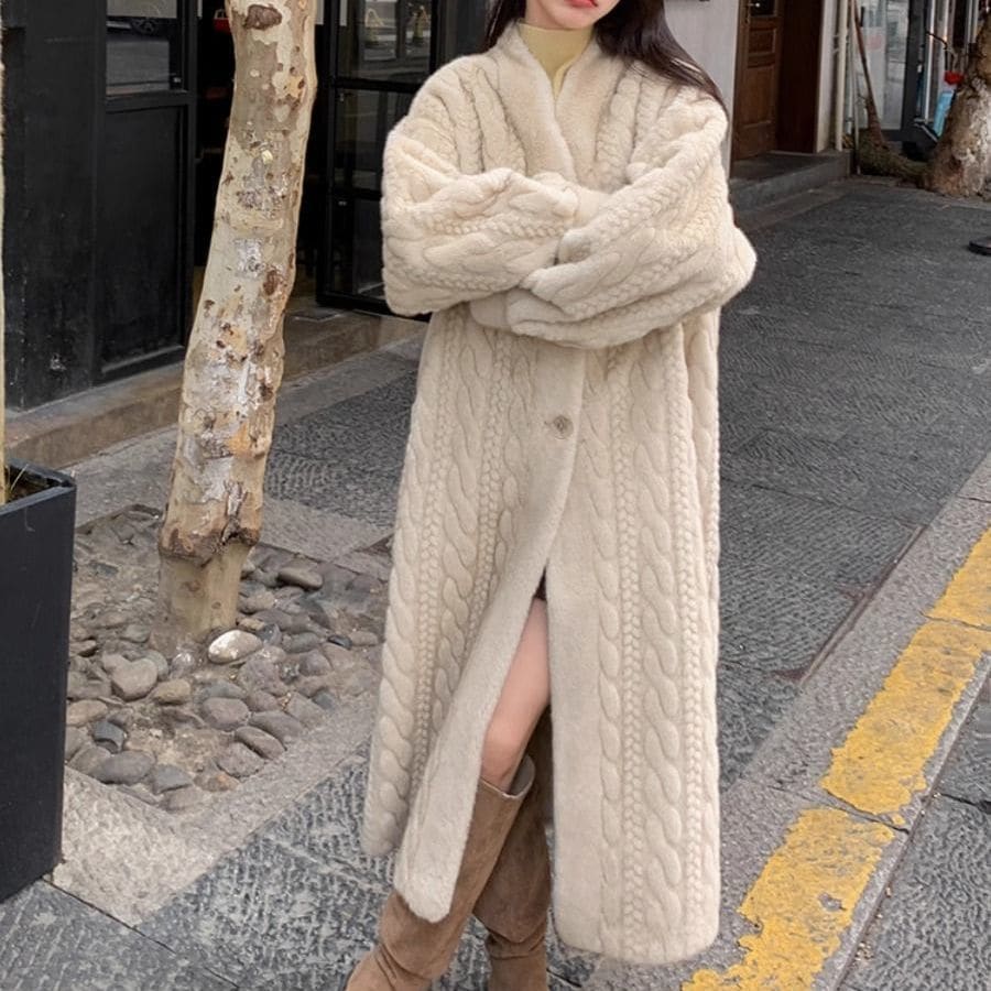 韓国ファッション エコファーコート女性24新型毛皮コートモコモコ麻のVネック厚手保温コート 人気アウター