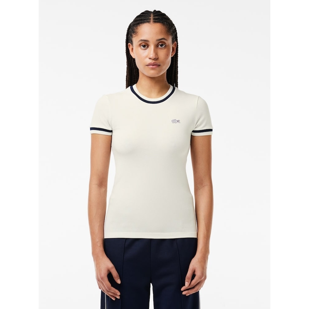 LACOSTE 女性用スリムフィットティッピングショートスリーブ T シャツ TF7221-54G EV0 Q2NTF7221-54GEV0