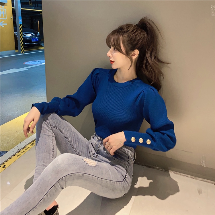 トップス ニットソー セーター プルオーバー 袖あり 長袖 ボリューム袖 パフスリーブ ロングカフス ディープカフス ラウンドネック 伸縮性 アクリル かわいい 大人可愛い きれいめ シンプル