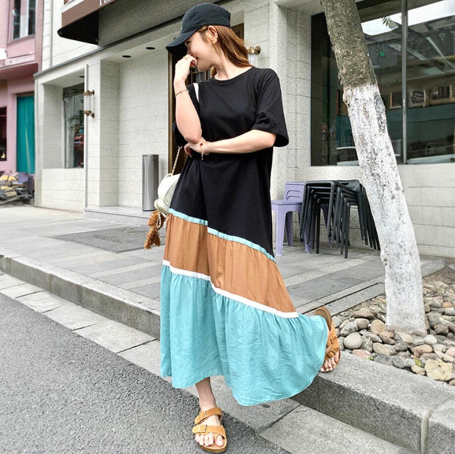 切り替えロングTシャツワンピース レトロ カラーブロッキング ファッショナブル カジュアル ルーズ ロングスカート
