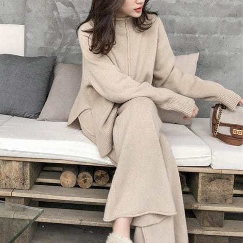 【急速出荷 2025年新作】ジャージ セットアップ ツーピース ルームウェア パジャマ 部屋着 可愛い 無地 プチハイネック 秋 冬 長袖 ニット カットソー ワイドパンツ カジュアル サイドスリッ