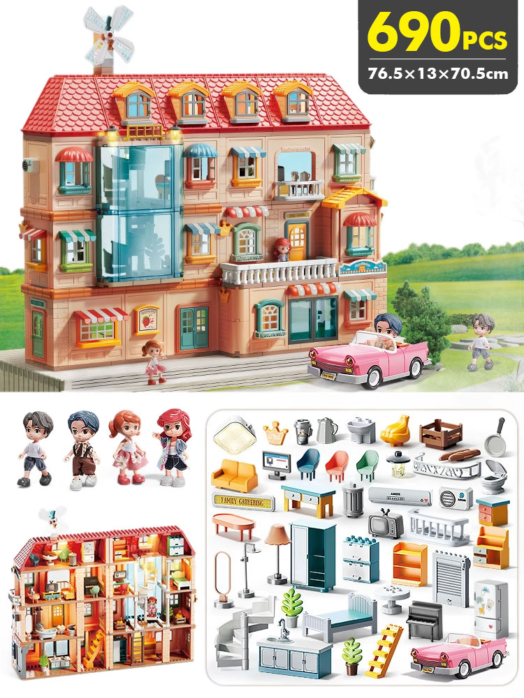 女の子ガールズヴィラはブロックの別荘の家の世帯のおもちゃの家の王女の城セットを組み立てる積み木690pcs
