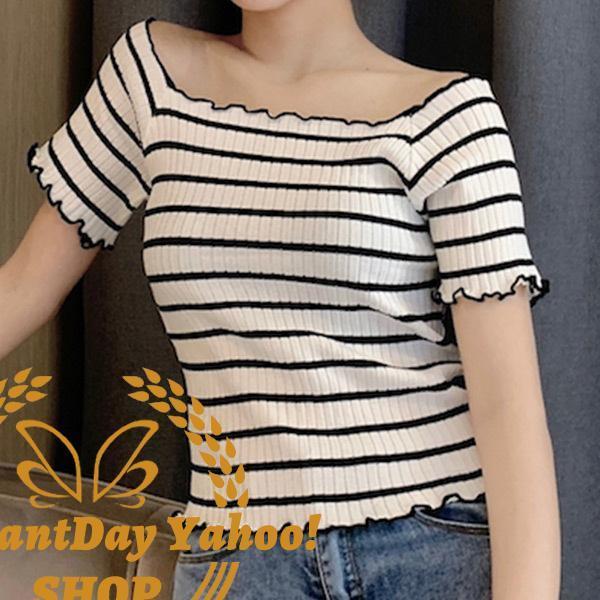 Tシャツ レディース 半袖 お洒落 可愛い メロウフリル カットソー ショート丈 薄手 スクエアネック ボーダー