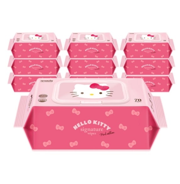 ハローキティシグネチャー ウェットティッシュ キャップ式 70gsmエンボス厚手 無香料 弱酸性 pHバランス 植物由来成分 皮膚刺激テスト済 7段階純水処理 70枚×10個 衛生的便利仕様 水分たっ