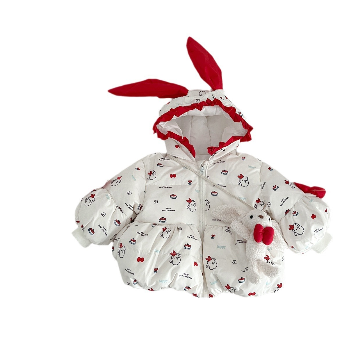 冬の女子児童の保温ダウンジャケット かわいいうさぎの帽子のダウンジャケット