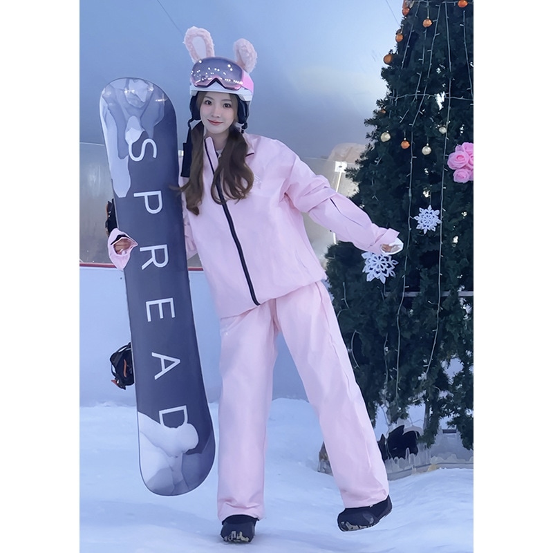 ピンクのスキーウェアセットアウトドア防水シングルボードダブルスノーボードウェアパンツ男女ギャザーコート