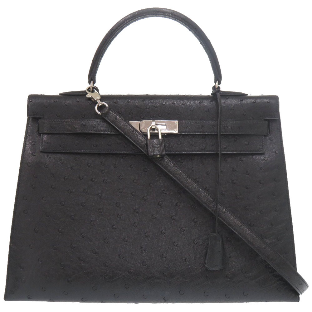 美品 ケリー35 外縫い ハンドバッグ オーストリッチ/オーストリッチ ブラック G刻印 0683【中古】 レディース
