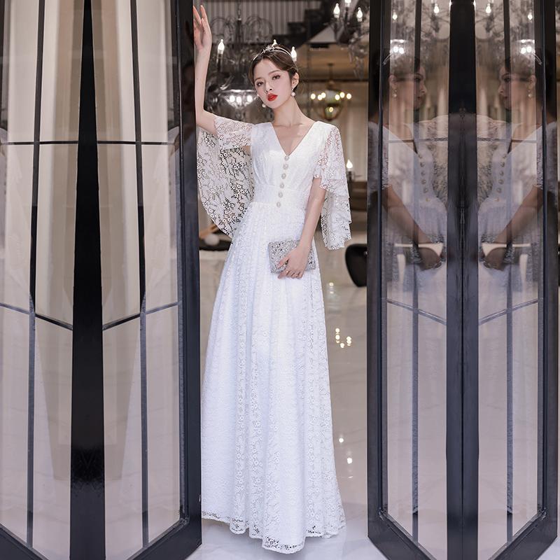 ウェディングドレス ロングドレス 演奏会 発表会 カクテルドレス イブニングドレス 大人 パーティードレス レース オフホワイト マント風 結婚式 二次会 花嫁