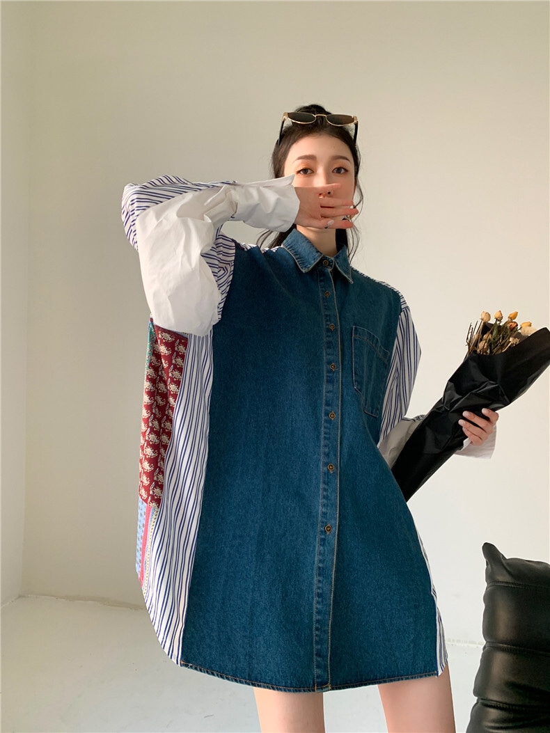 デニム シャツ ビッグシルエット ストライプ ストリート バイカラー 長袖 無地 パーティースタイル ホームパーティーアイテム デニム オフィススタイル エレガントスタイル カジュアルスタイル