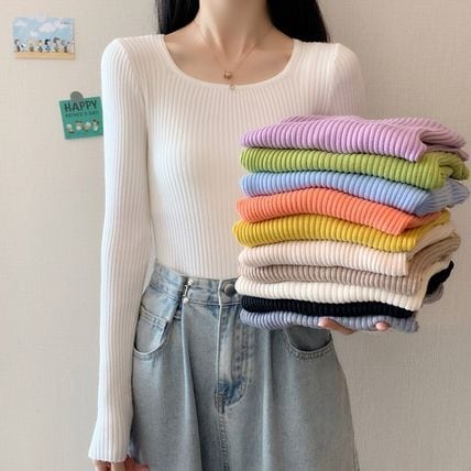 シンプル カットソー 全10色 ベーシック トップスUネック 長袖 無地 ミディアム ホームパーティーアイテム ロンT 謝恩会 ラウンジウェア レディース かわいい 大人可愛い きれいめ シンプル