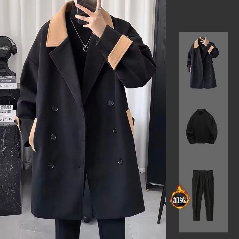 2024新作 おしゃれ ファッションスーツ 秋冬 メンズ ラシャコート+長袖Tシャツ+裏起毛 パンツ 3点セット セミロング ジャケット セットアップ