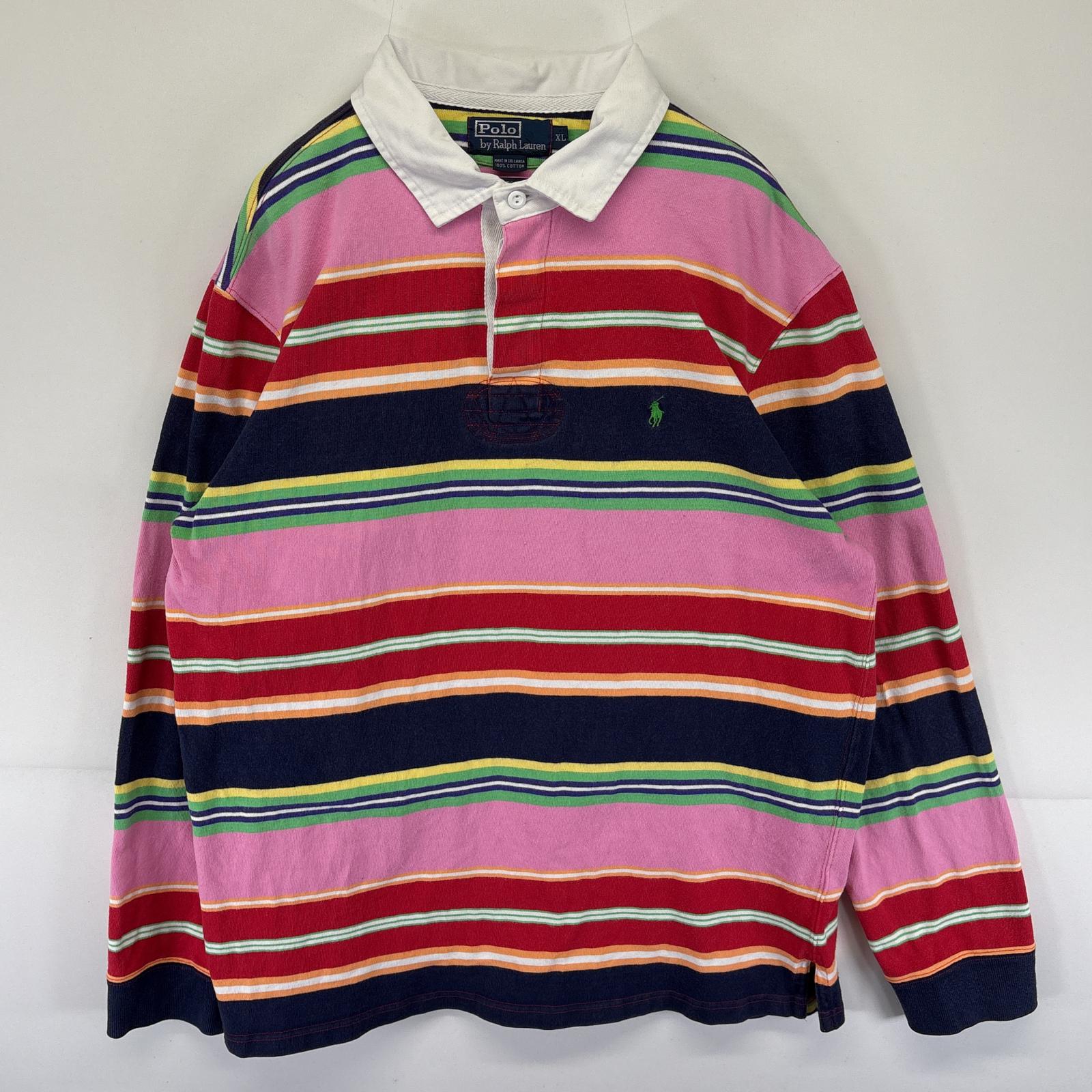 古着 ポロバイラルフローレン Polo by Ralph Lauren 長袖 ラガーシャツ ワンポイントロゴ刺繍 ボーダー XL ピンク メンズ